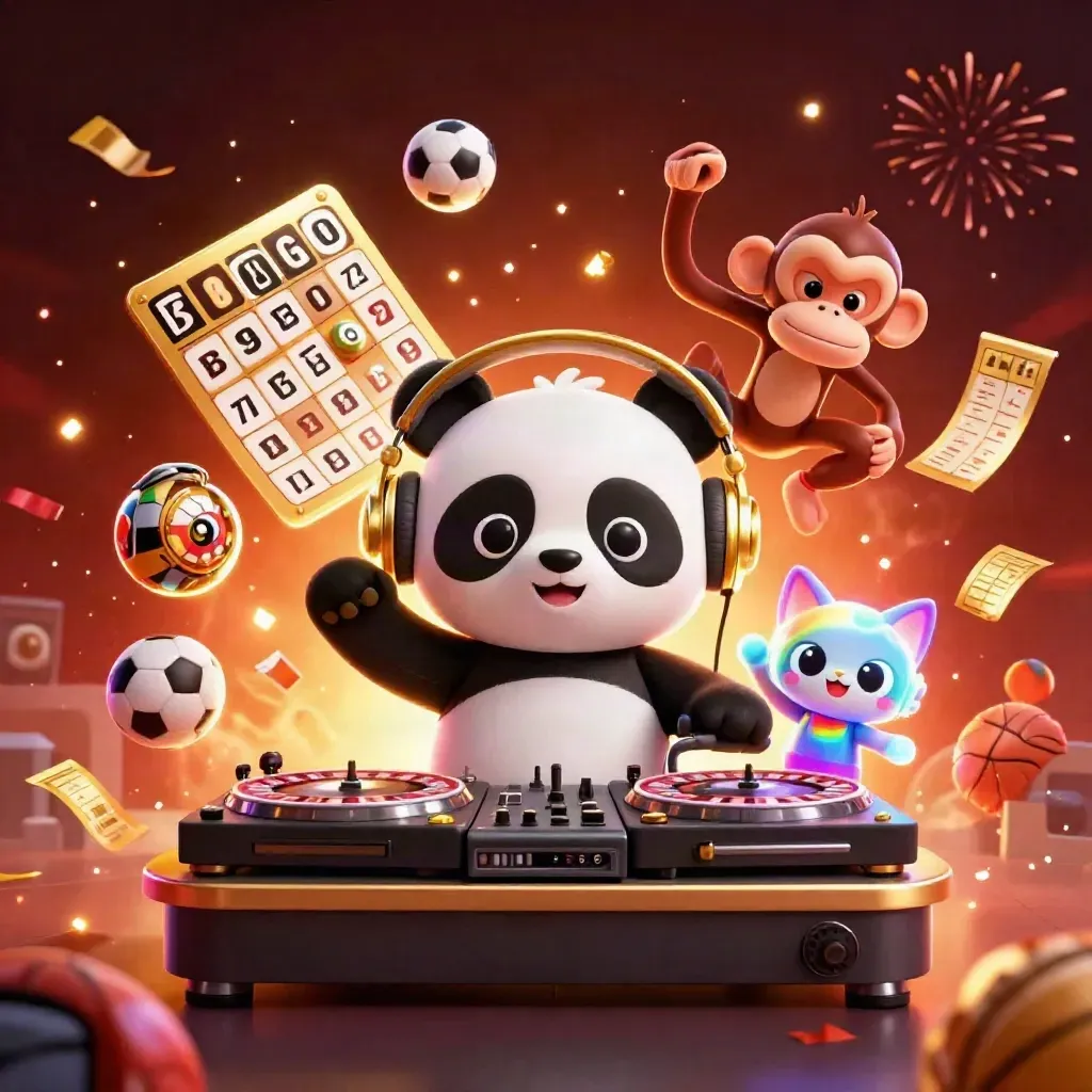 Cartoon panda DJ, dancing monkey, and rave kitten amid casino balls, confetti, and fireworks.