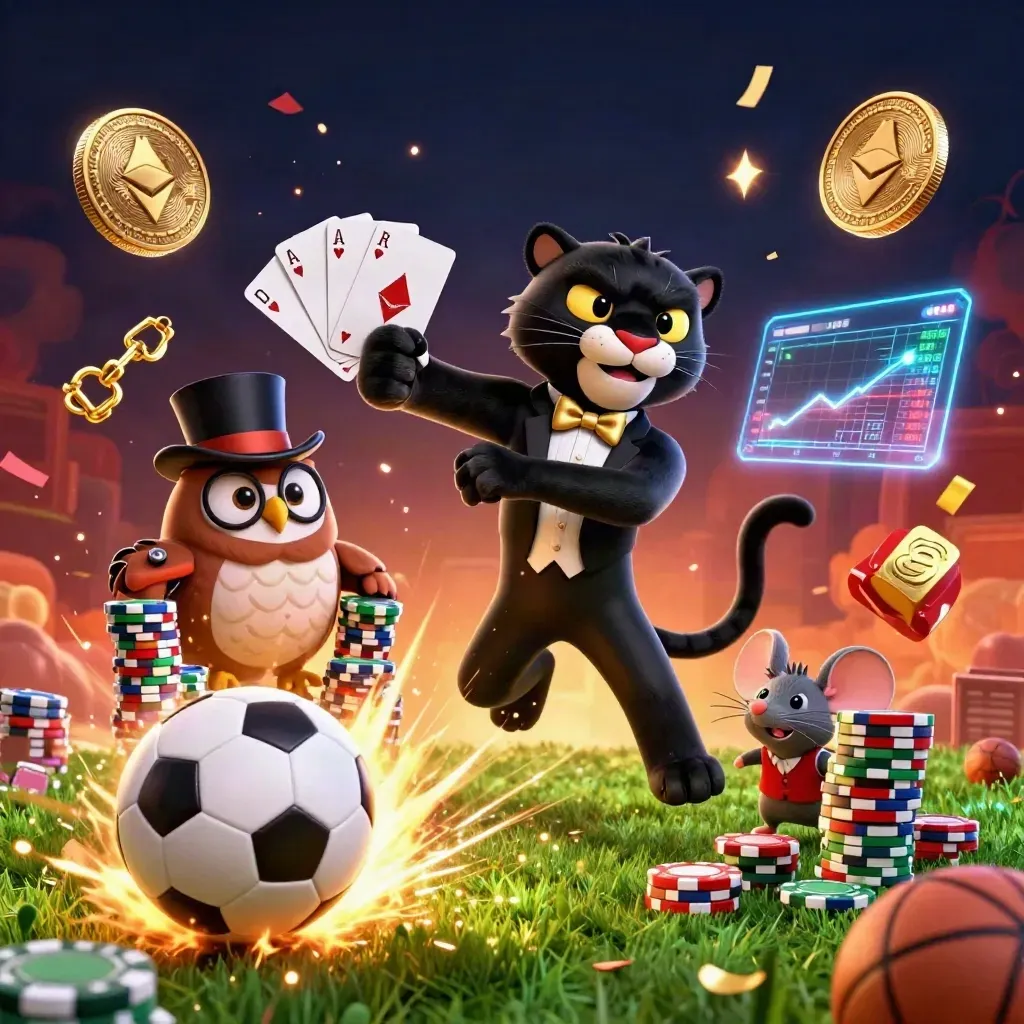 Panther, owl, and mouse amid chips, soccer ball, basketball, coins, lightning, and embers.