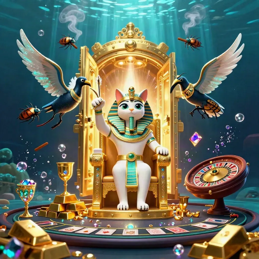 Pharaoh cat, ibis scribe, and gem scarabs amid treasure, roulette, cards, and glowing vault light