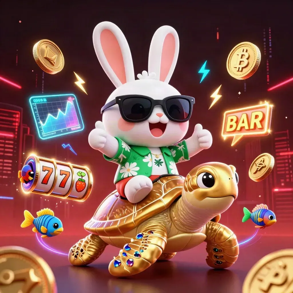 Lucky rabbit rides a golden sea turtle amid casino crypto effects and neon energy.