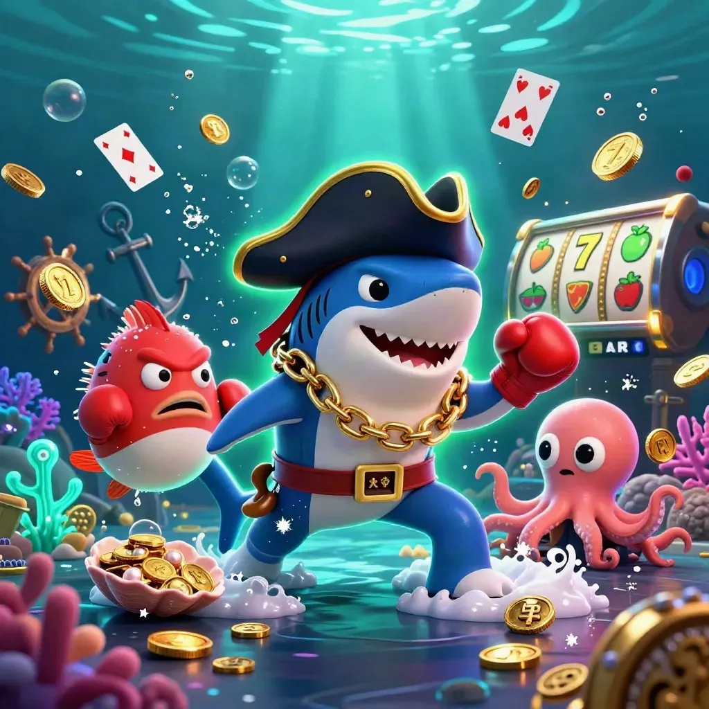Shark pirate, boxing pufferfish, and juggling octopus amid glowing treasure undersea casino chaos.