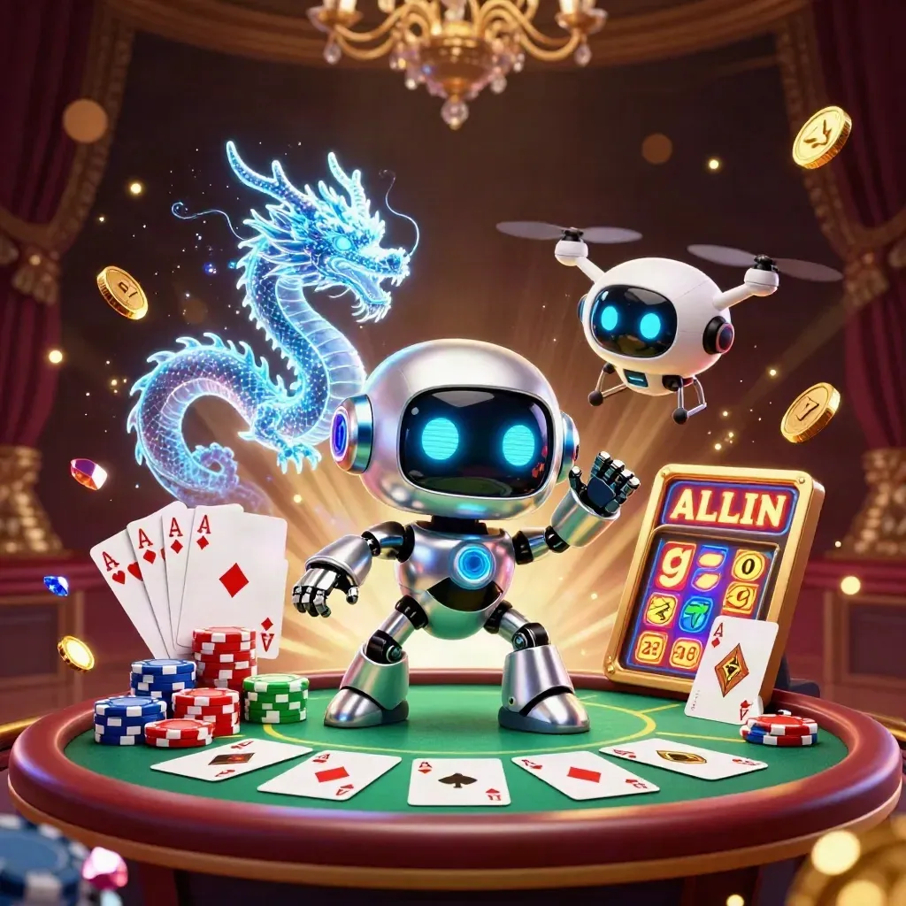 Cyberpunk robot, holographic dragon, and coin drone burst over a luxe casino poker table.