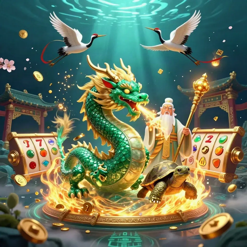 Emerald dragon, turtle sage, and ribboned cranes amid gold fire, coins, and underwater temple glow.