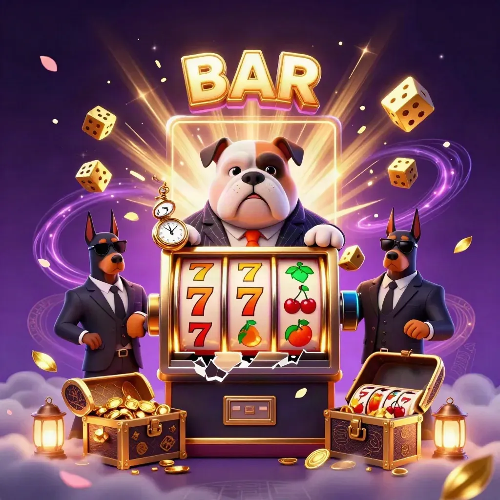 Mob boss bulldog with two Dobermans, slot machine jackpot, gold, and casino glow