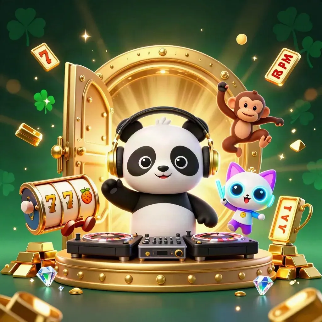 Panda DJ, breakdancing monkey, and glow-stick kitten around a glowing treasure vault and casino loot.