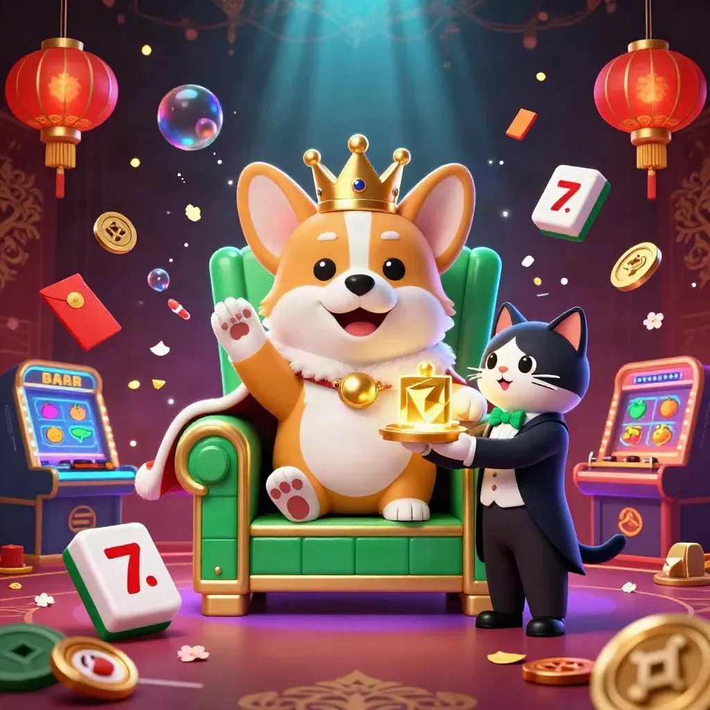 Royal corgi and cat butler on poker-chip throne amid jackpots, lanterns, reels and glowing casino effects
